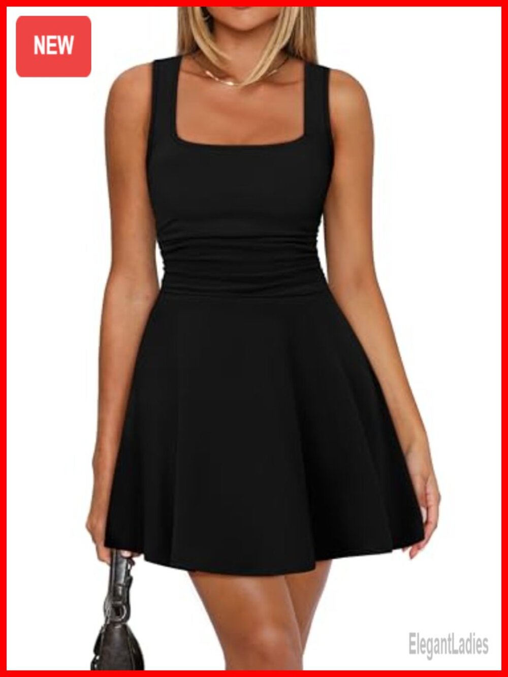 Women's Square Neck Sleeveless Fit and Flare Mini Dress with High Waist Pleated